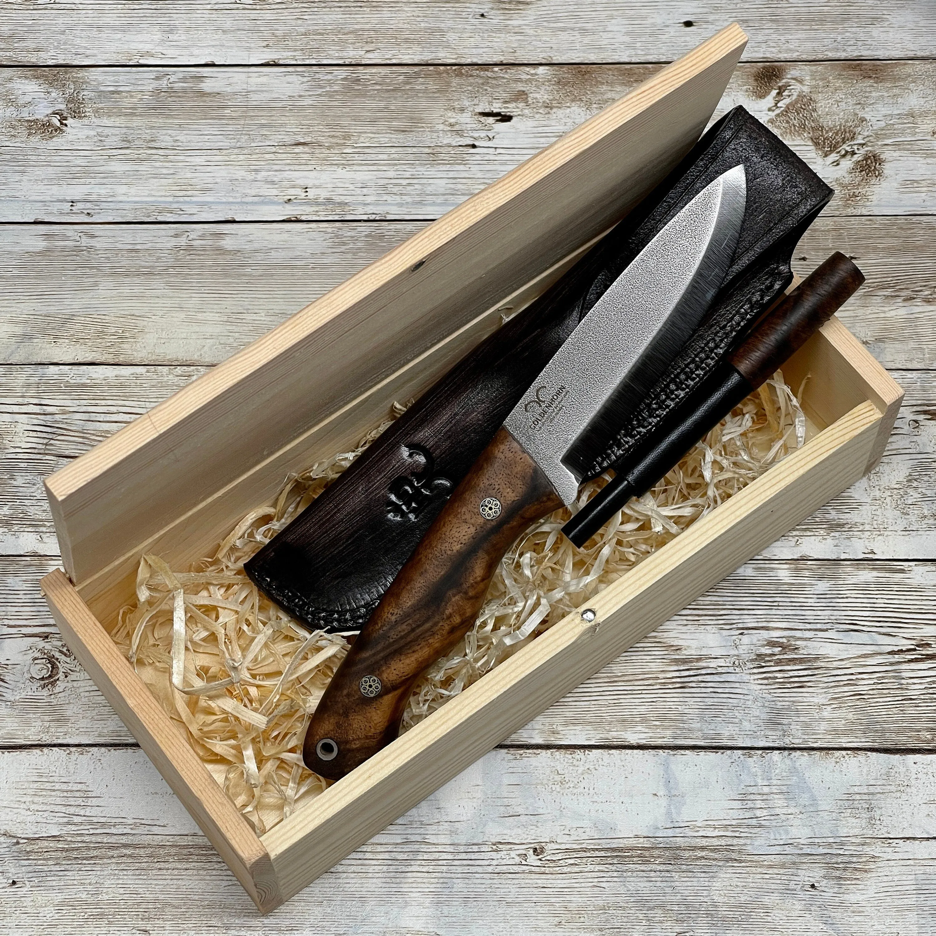 Full Tang Scandi Bohler N690 Steel Bushcraft Knife with Walnut Wood Handle and Leather Sheath Opt. Magnesium Fire Starter Camping Knife