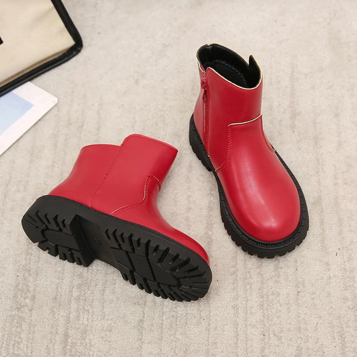 Girls Low Heel Ankle Boots Soft Sole Lightweight Synthetic Non-Slip High Top Leather Casual Bog Herringbone Boots