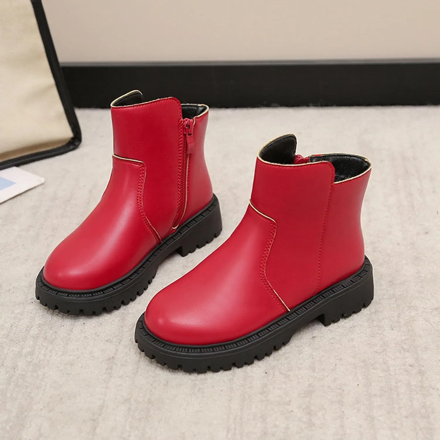 Girls Low Heel Ankle Boots Soft Sole Lightweight Synthetic Non-Slip High Top Leather Casual Bog Herringbone Boots