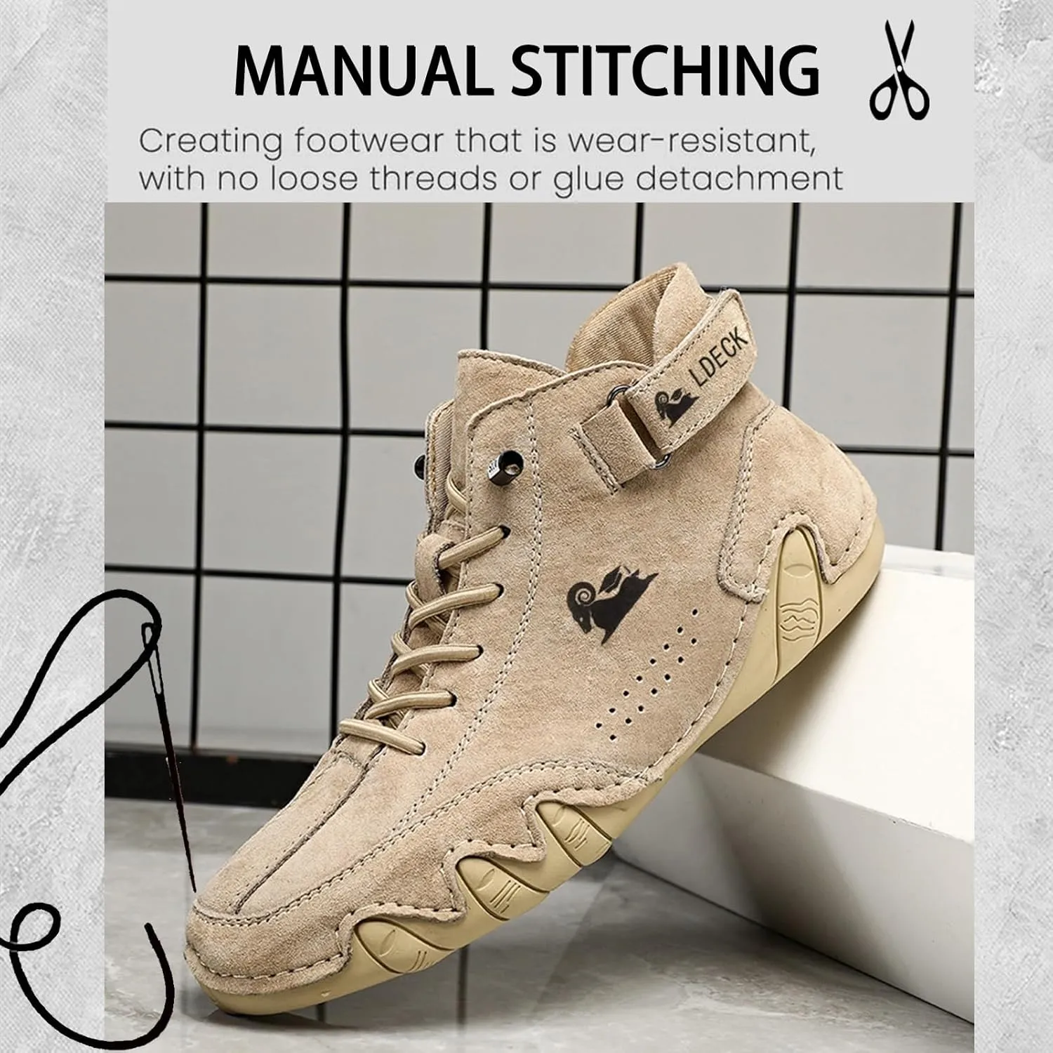 Italian Handmade Suede High Boots, Beck Shoes Men Waterproof Suede Casual Sneakers Outdoor Non-Slip Breathable Barefoot Ankle Boots for Hiking, Driving(Khaki,US 6.5)