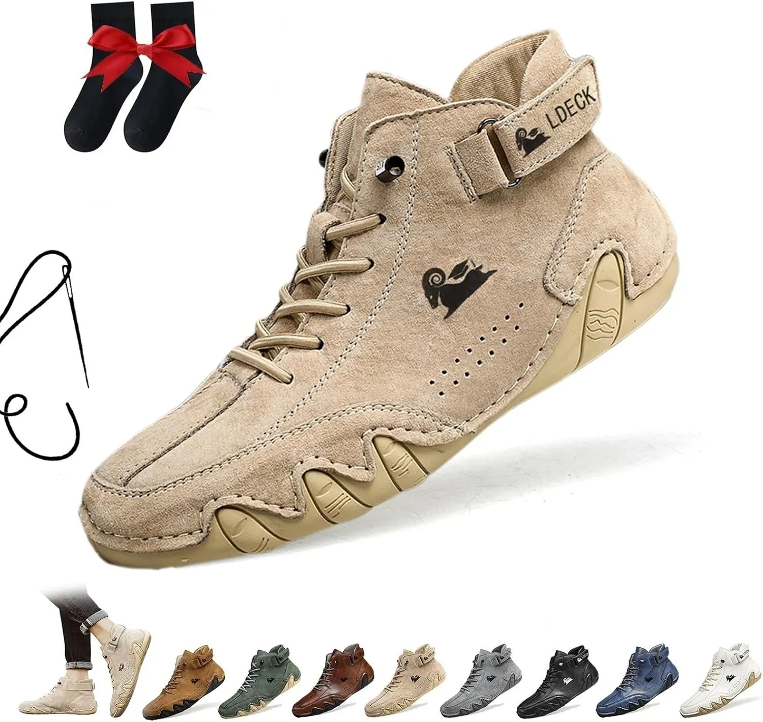 Italian Handmade Suede High Boots, Beck Shoes Men Waterproof Suede Casual Sneakers Outdoor Non-Slip Breathable Barefoot Ankle Boots for Hiking, Driving(Khaki,US 6.5)