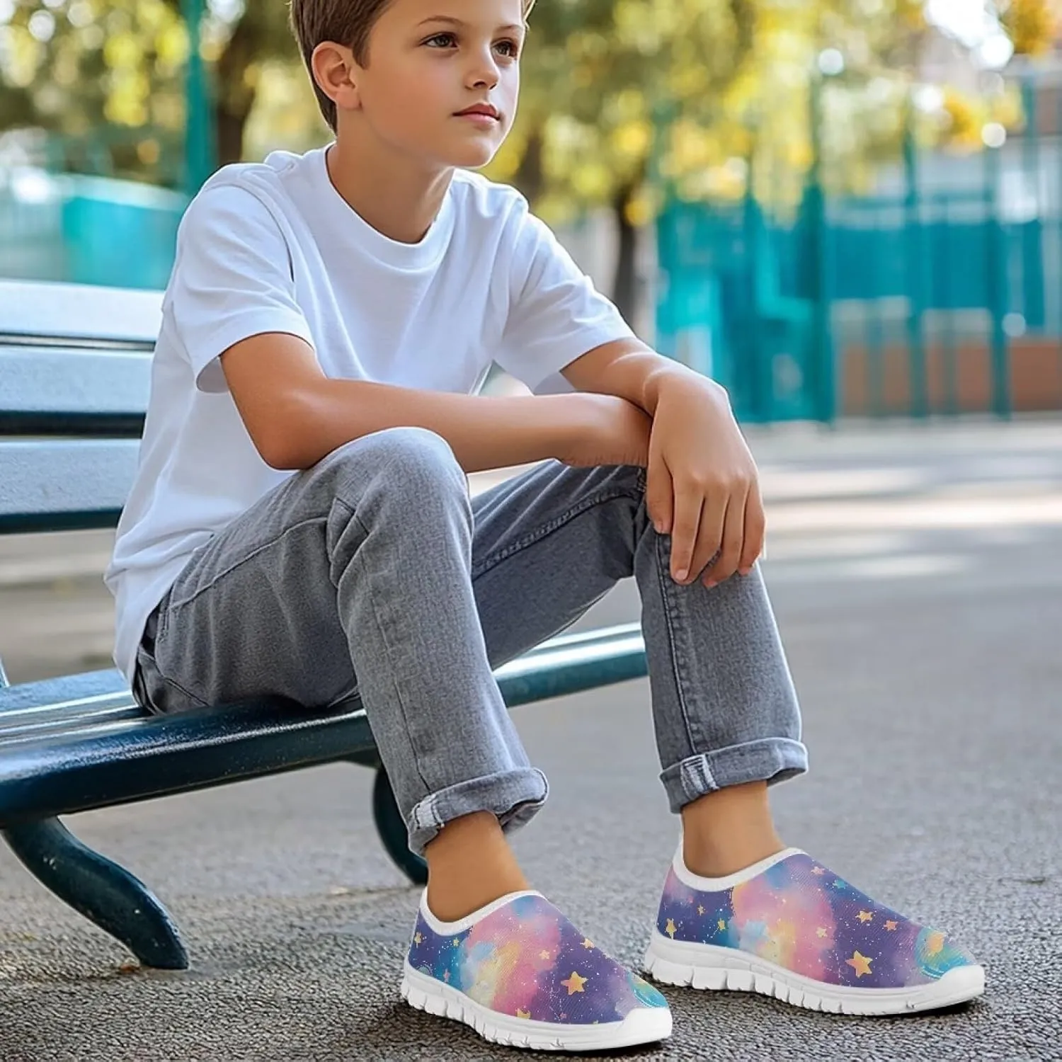 Kid Running Shoe Boy Lightweight Slip On Walking Sneakers Breathable Anti-Skid Athletic Workout Loafers for Camping Size 11-15 White Sole
