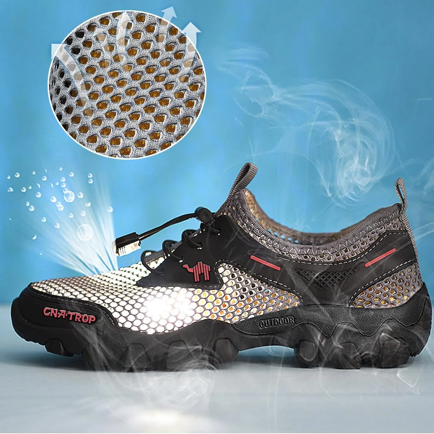 Men's Stretch Elastic Lace Up Orthopedic Quick Dry Sports Water Shoes with Arch Support,Outdoor Non-Slip Lightweight Breathable Mesh Wading Cross-Country Running Sneakers