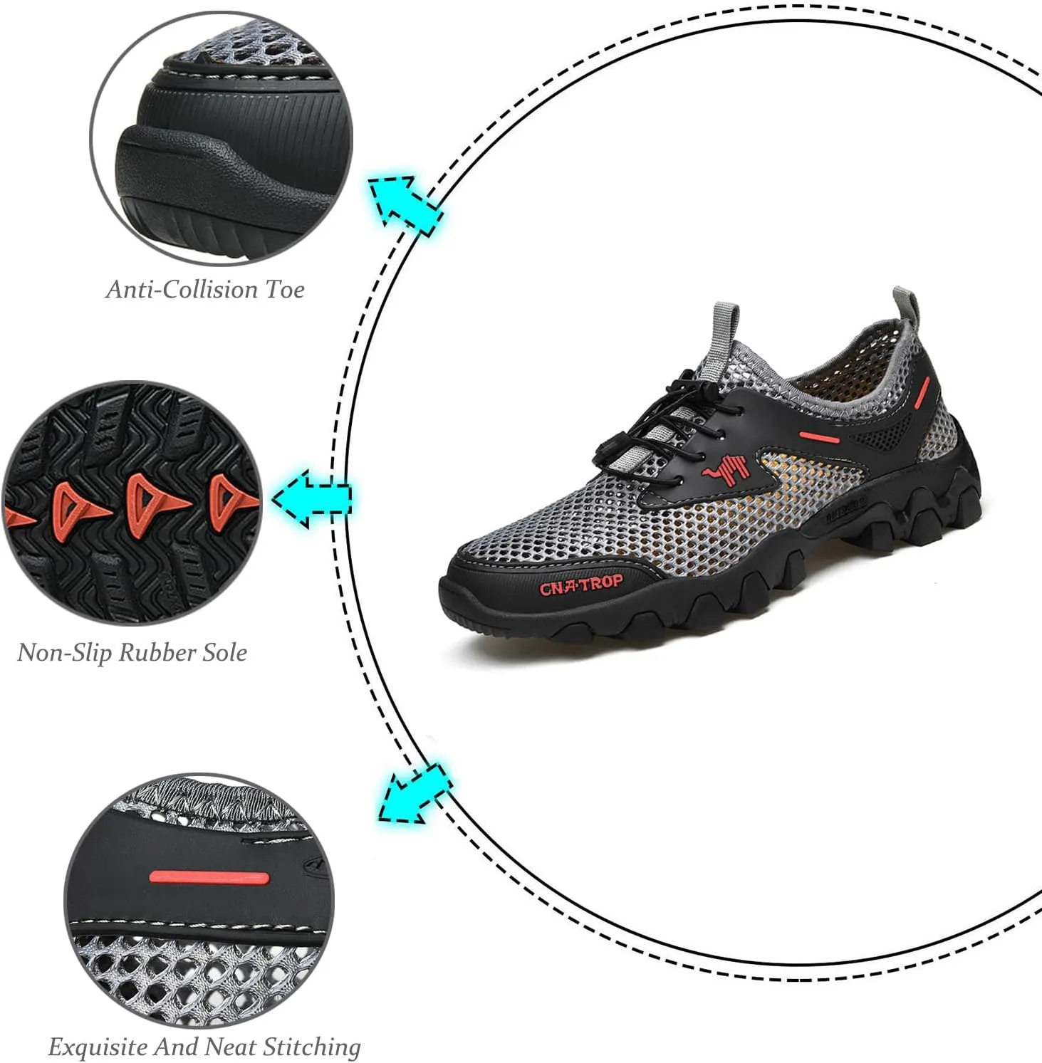 Men's Stretch Elastic Lace Up Orthopedic Quick Dry Sports Water Shoes with Arch Support,Outdoor Non-Slip Lightweight Breathable Mesh Wading Cross-Country Running Sneakers