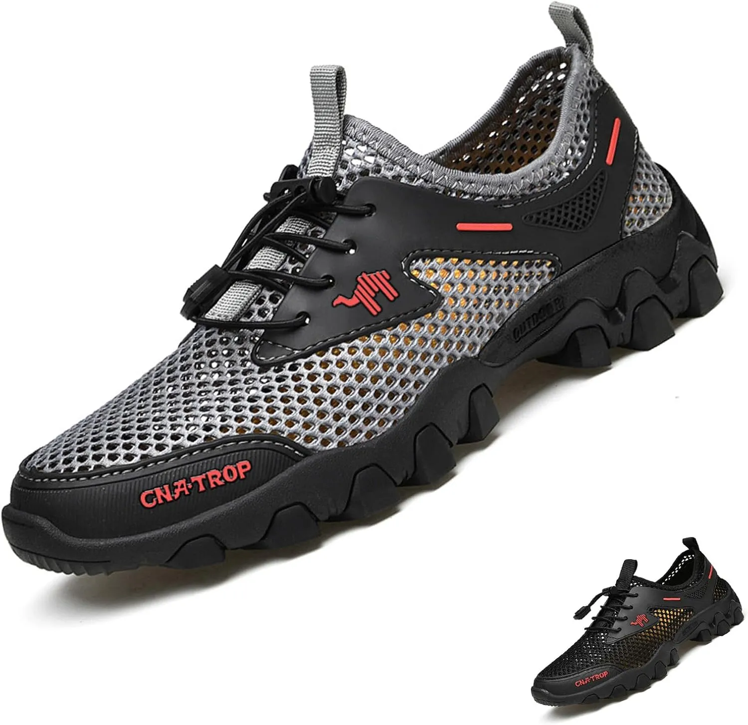 Men's Stretch Elastic Lace Up Orthopedic Quick Dry Sports Water Shoes with Arch Support,Outdoor Non-Slip Lightweight Breathable Mesh Wading Cross-Country Running Sneakers